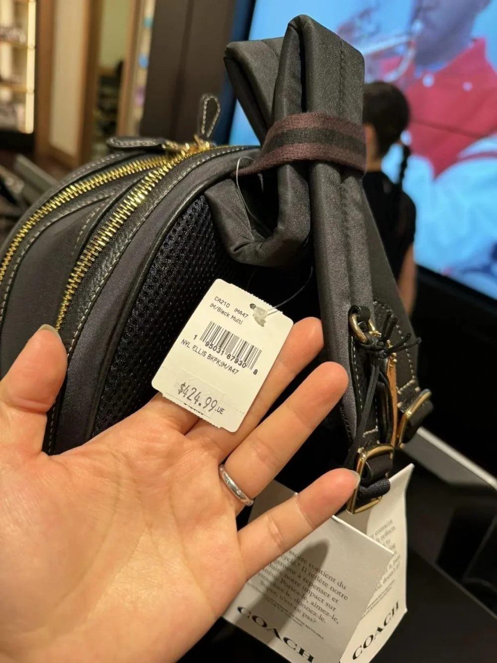 Coach Black Nylon Mini Backpack with Gold Hardware Ring Detail